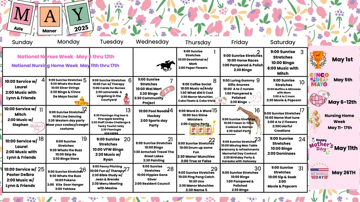 May 2025 Activities Calendar at Azle Manor